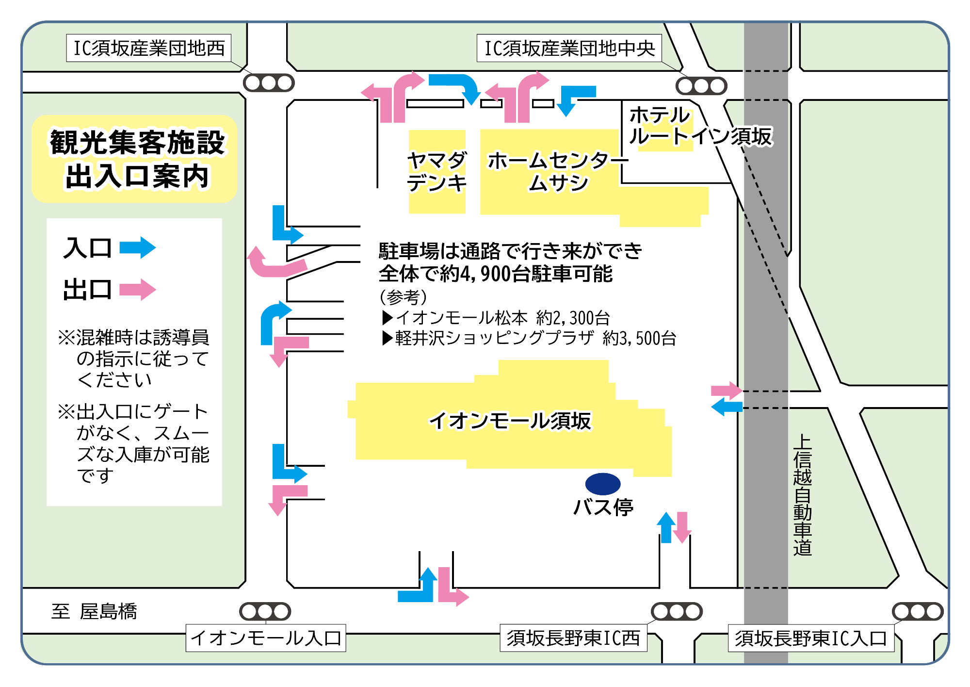 観光誘客施設の出入り口案内図。施設の四方、それぞれに出入り口があります。