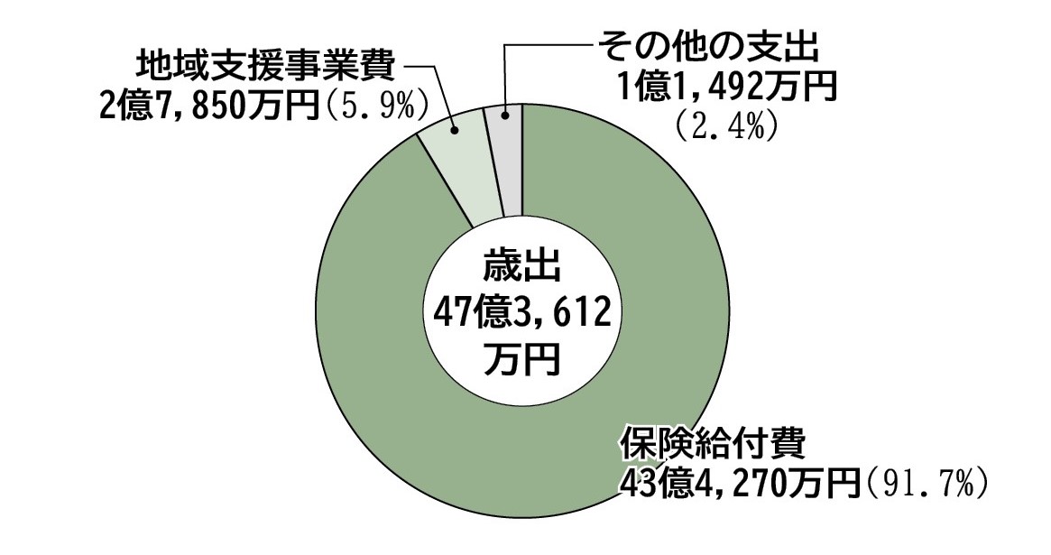円グラフ。保険給付費43億4,270万円、地域支援事業費2億7,850万円、その他の支出1億1,492万円