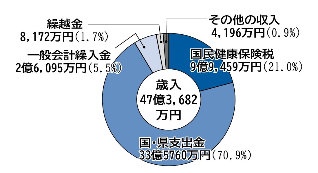 円グラフ。国民健康保険税9億9,459万円、国・県支出金33億5,760万円、一般会計繰入金2億6,095万円、繰越金8,172万円、その他の収入4,196万円