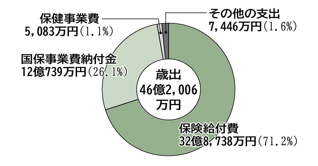 円グラフ。保険給付費32億8,738万円、国保事業費納付金12億739万円、保健事業費5,083万円、その他の支出7,446万円