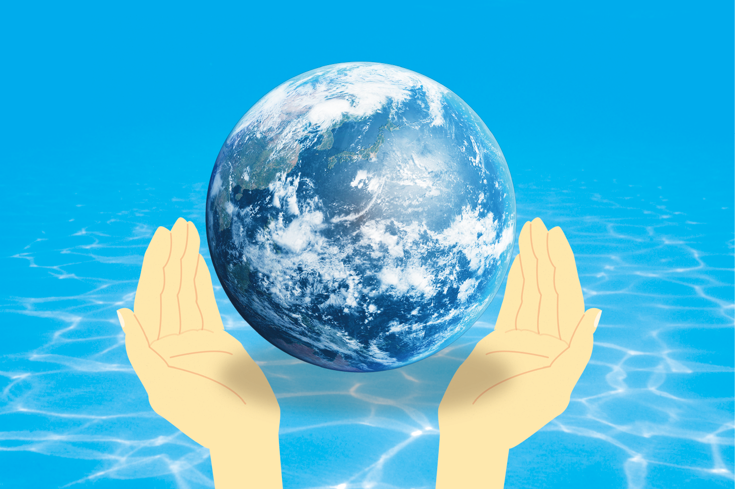 地球を手で支えているイラスト。ごみを減らして地球を守ろうというメッセージを表している。