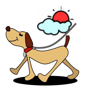 天気の良いに日リードをつけて散歩する犬のイラスト
