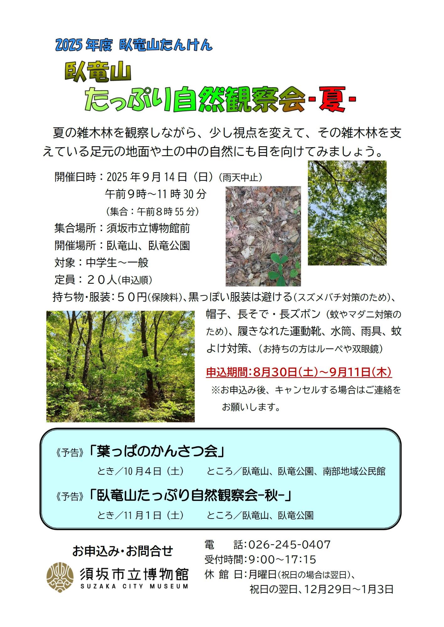 参加募集チラシ。雑木林の枯れ葉の地面や広葉樹の葉が広がる頭上の写真が掲載。
