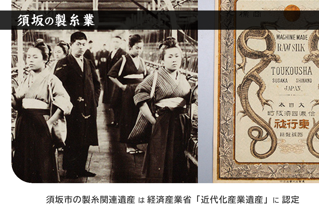 須坂を知る、須坂の製糸業のイメージ写真。製糸工場で働く工女たちと、当時の「とうこう社」のラベルが写っている