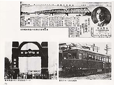 電車開通についての新聞記事をスクラップした資料の写真。