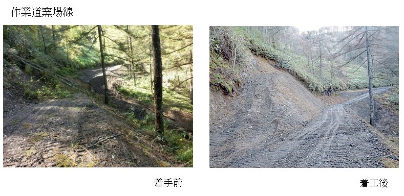 山肌が滑落した窯場線付近作業道の整備前と後の写真