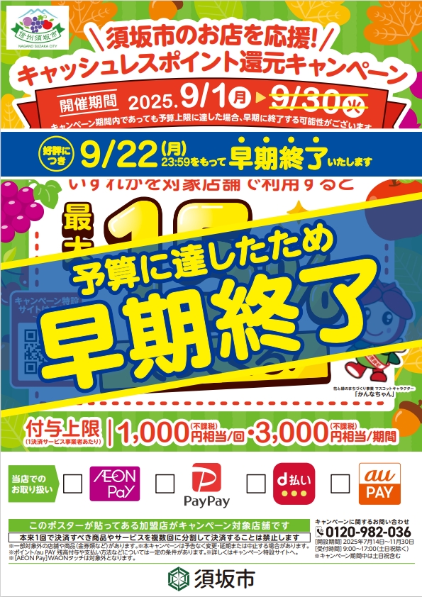 早期終了_須坂市のお店を応援、キャッシュレスポイント還元キャンペーンチラシ。最大で15パーセントが戻ってくる!