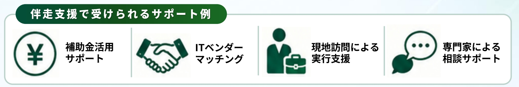 伴奏支援で受けられるサポート例。補助金活用サポート、 ITベンダーマッチング、現地訪問による実行支援、専門家による相談サポートなどが受けれます