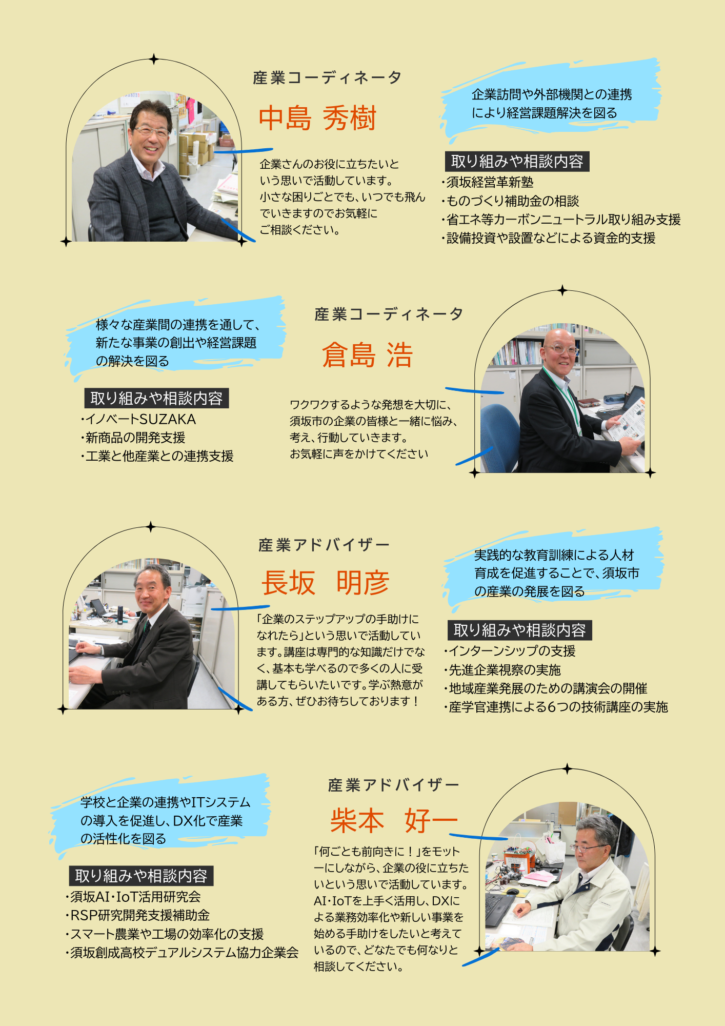 須坂市産業コーディネータとアドバイザーの顔写真と取り組み内容のチラシ