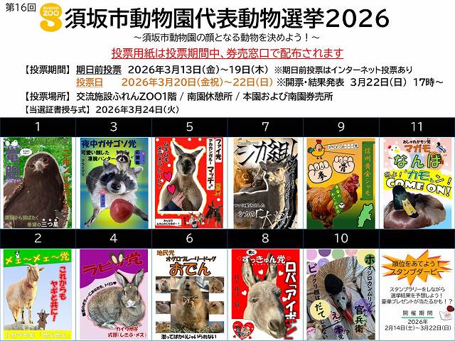 須坂市動物園代表動物選挙の候補動物ポスターの画像。11種の動物(ニホンイヌワシ、アライグマ、アカカンガルー、ニホンジカ、信州黄金シャモ、マガモ、ヤギ、ウサギ、オグロプレーリードッグ、ロバ、ホオジロカンムリヅル)が立候補している。
