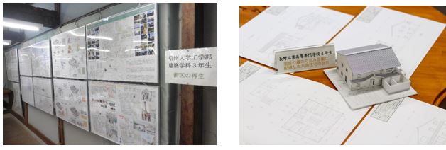 左:壁側の掲示板に縦2枚ずつ設置された「街区の再生」が展示された写真と右:机の上に置かれた設計図と模型の写真