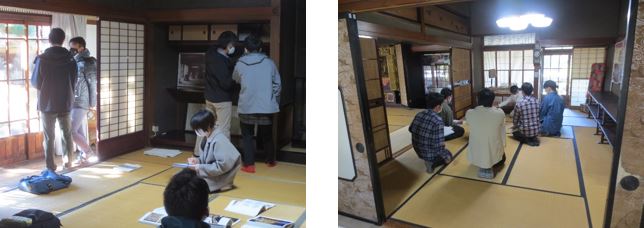 左:畳の上で資料を広げていたり、座ってメモを取る女性や、日が当たる縁側で男性2人が話をしている授業中の様子の写真と、右:広い畳の部屋の中央付近で6人の男性が正座をして授業を聞いてる様子の写真