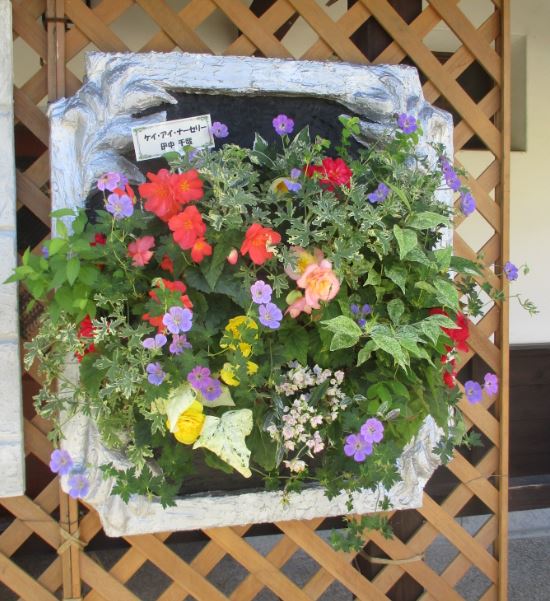 額縁に飾られた色とりどりの花が飾られた絵画のようなハンギングバスケット作品の写真