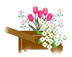 木製のカートにピンクのチューリップや白い小さな花が寄せ植えされているイラスト