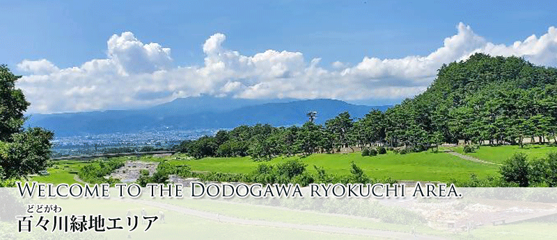 百々川緑地エリアへようこそ!のサムネイル画像。エリアを俯瞰した写真。新緑の季節、百々川の両側は芝生が緑で、マレットゴルフをしている人がいる。天気が良く、遠く長野市街まで見渡せ、奥には北アルプスまで見える。