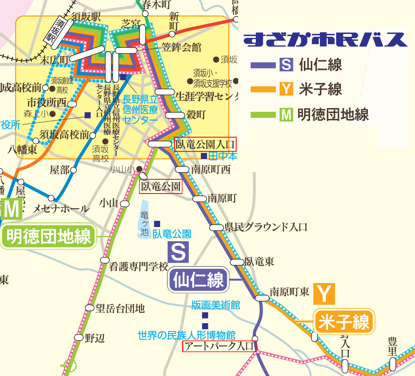 すざか市民バスの路線図。須坂駅を始点に、ガリュウ公園方面へは青色の「せに線」、オレンジの「よなこ線」、黄緑の「みょうとく線」が伸び、アートパーク方面へは青色の「せに線」だけが伸びている。