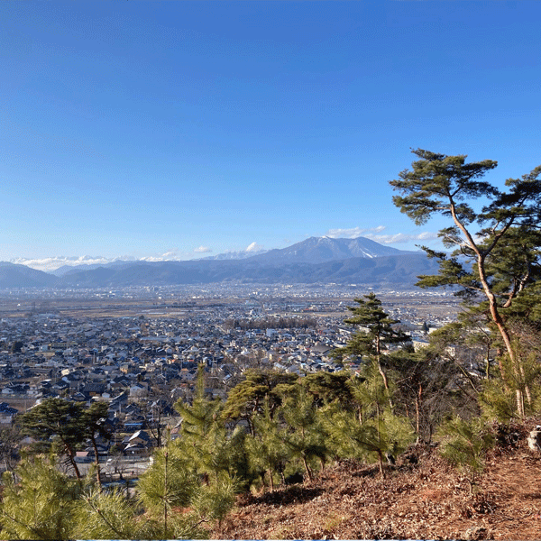 臥竜山山頂からの眺め。遠く長野市街やアルプスまで見渡せる。