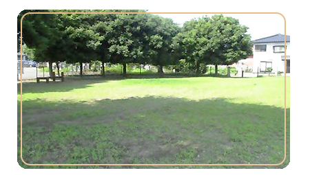 右奥に民家があり、左奥に公園に沿うように木が並んではえている。フェンス近くに健康遊具がいくつかある。八木沢公園の写真