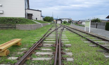 廃線になった長野電鉄河東線の線路が手前から奥へと続く左手前に、木のベンチと奥に進んだ右側に駅標がある河東線記念公園の写真