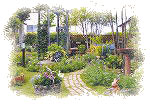 緑の木々と寄せ植えがきれいな信州須坂オープンガーデンの写真