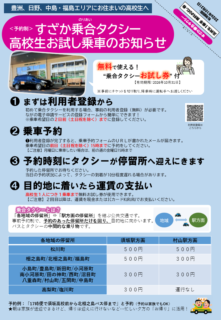 すざか乗合タクシー高校生お試し乗車券付きチラシ(見本)