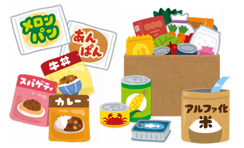 段ボールにたくさんの食糧が入っている横に袋入りのパンやレトルトカレーがあるイラスト