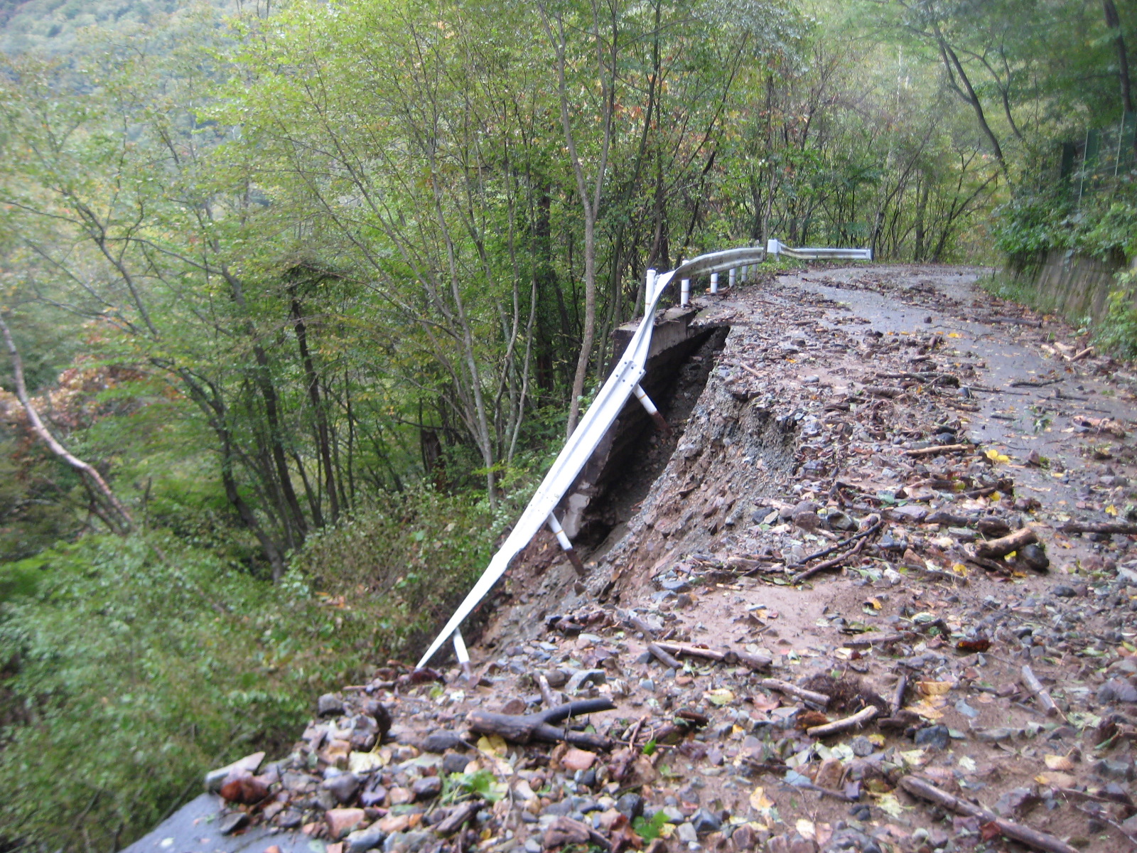 山沿いの道路がガードレールごと崩落して様子の写真
