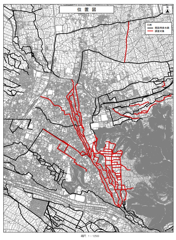 調査個所の地図。市内の広範囲にわたるいくつもの道路が調査対象となっている。