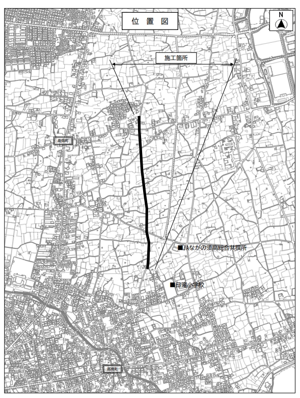 工事個所の地図。高橋町信号から小布施方面に向かう道、ひたき小学校へ曲がる道を超えたあたりから、新崎酒店の辺まで。