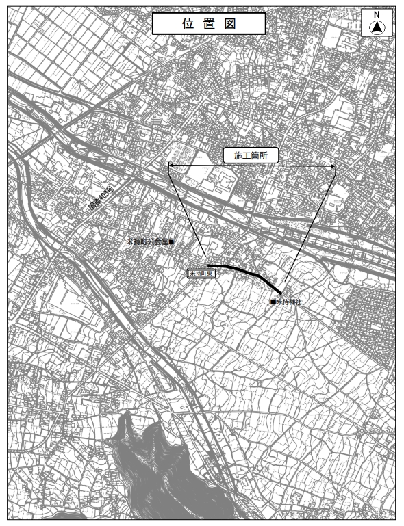 工事個所の地図。ヨナモチ神社の北側T字路から、ヨナモチ東の信号までの道で工事を行う。