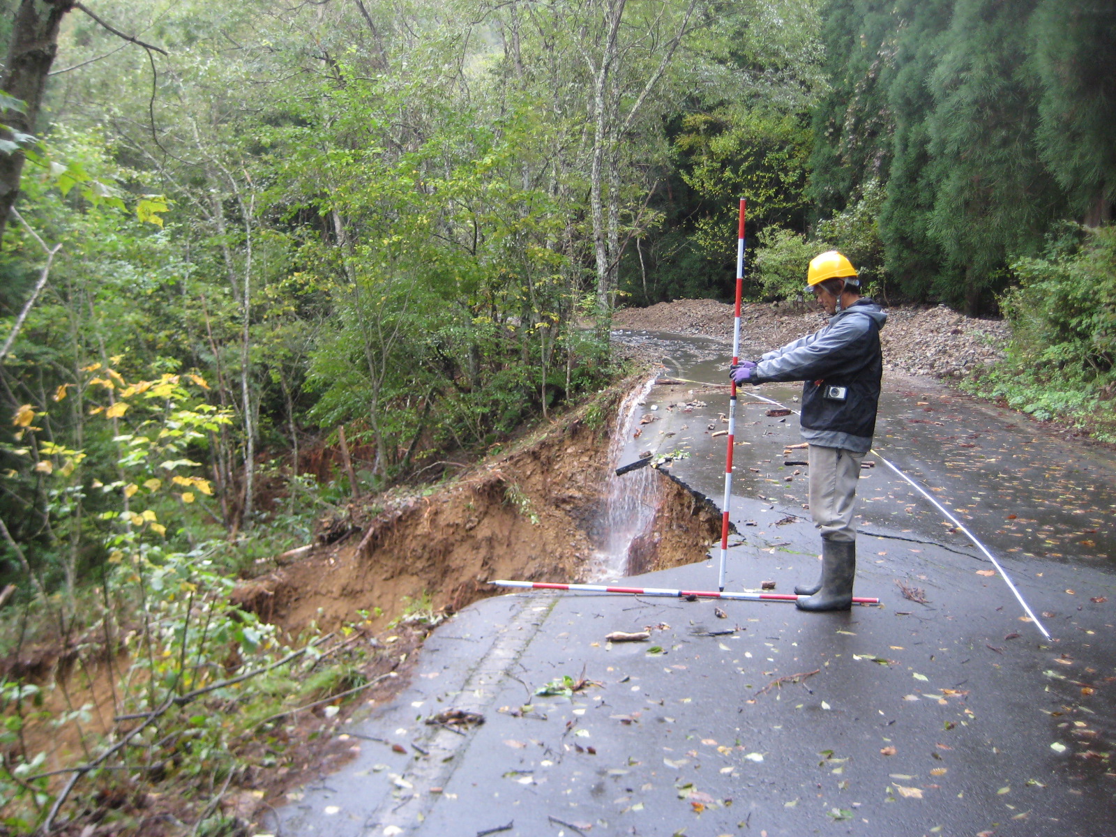 山道の道路脇が地すべりした箇所を作業員が計測している様子の写真