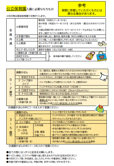 公立保育園の入園に関するもちものが書かれています。全員共通のもちものではお昼寝布団、手提げ袋、上履き、上履き袋などが書かれ、その下に0~2歳児と3~5歳児に区分された持ち物が書かれています。
