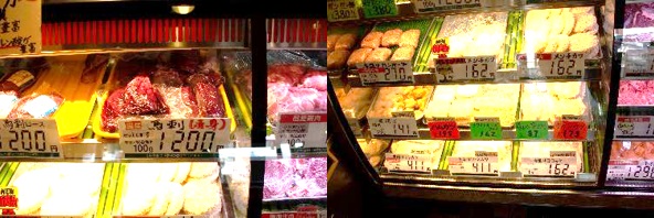 ショーケースに並んだ馬刺の写真とメンチカツなどのお惣菜の写真