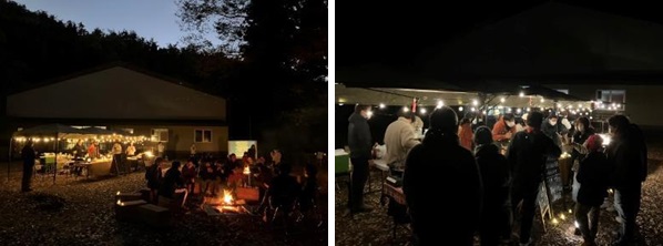 KURASHIの夜会で撮影された、ライトが設置されたテントの下や焚火に集まる2枚の参加者の写真