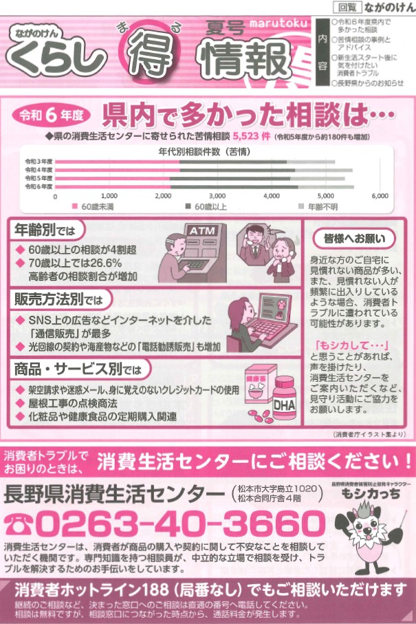 長野県くらしまるとく情報夏号、今回のみどころは県の消費生活センターに寄せられた相談の内容についてです