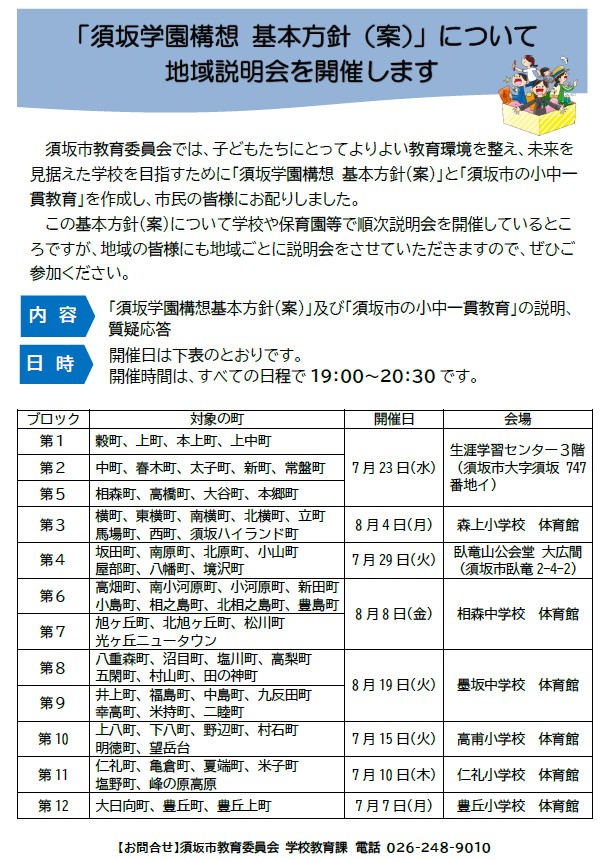 地域説明会は7月7日の豊丘小学校体育館、7月10日は仁礼小学校体育館、7月15日はたかほ小学校体育館、7月23日は生涯学習センター3階、7月29日は臥竜山公会堂大広間、8月4日は森上小学校体育館、8月8日はおおもり中学校体育館、8月19日は墨坂中学校体育館で行います。時間はいずれも午後7時から8時30分の予定です。