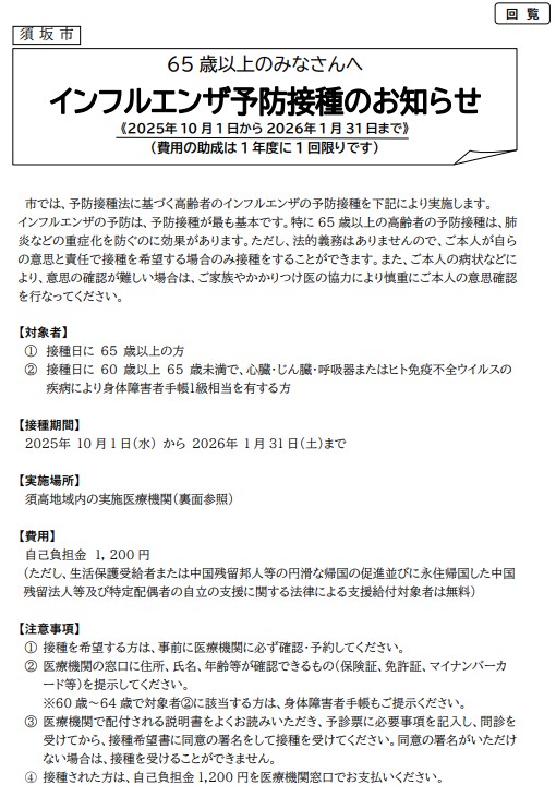 65歳以上、または60歳以上で心臓、腎臓、呼吸器またはヒト免疫不全ウイルスの疾病により身体障害者手帳1級相当を有する方が対象です。接種機関は10が鵜t1日から2026年1月31日まで。自己負担は1,200円です。医療機関へ直接確認、予約を行ってください。