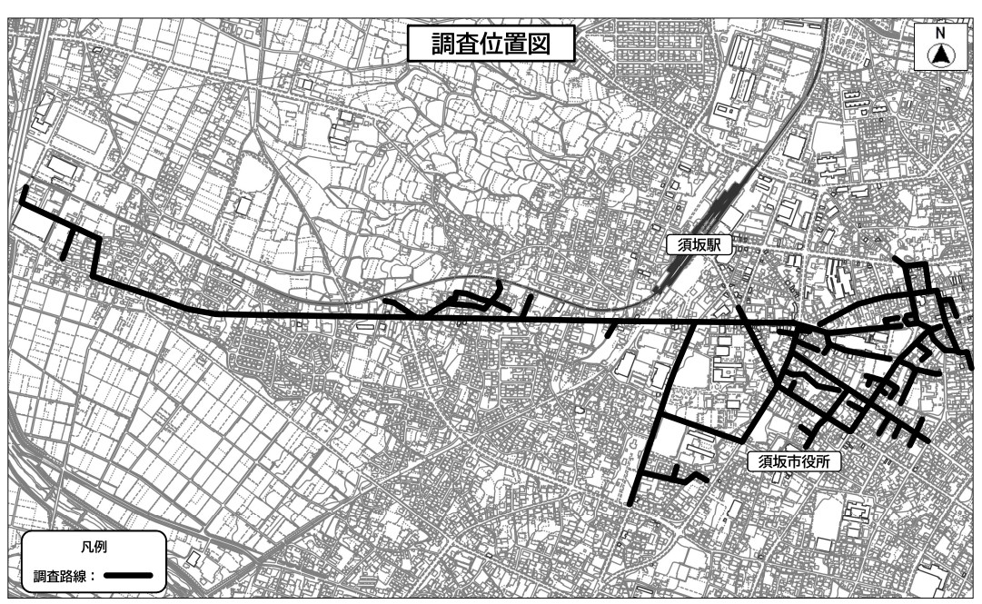 マンホール調査個所の地図。国道403の綿半の辺から、高山方面にむかってずっとまっすぐ、芝宮のあたりまで、さらには南横町から西友方面、北横町交差点から重伝建地区の下水道、マンホール調査を行う。一か所につき1~2時間あたりの調査を行い、次の調査場所へ移動していきます。道路は片側交互通行または通行止めにて行います。