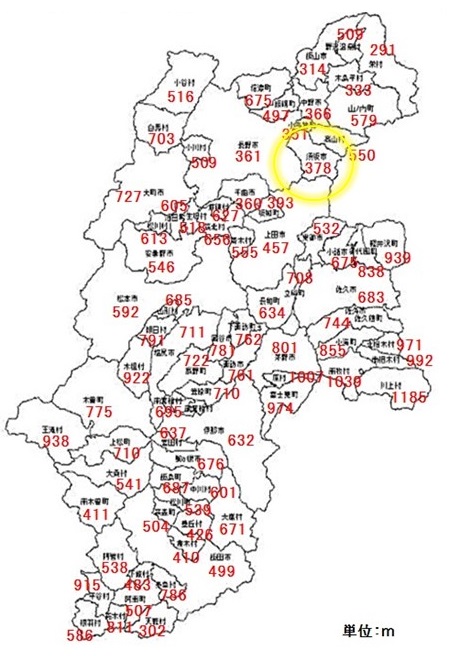 長野県の各市町村の標高を表示した画像