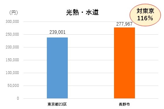 東京と長野市の光熱・水道費を比較したグラフの画像