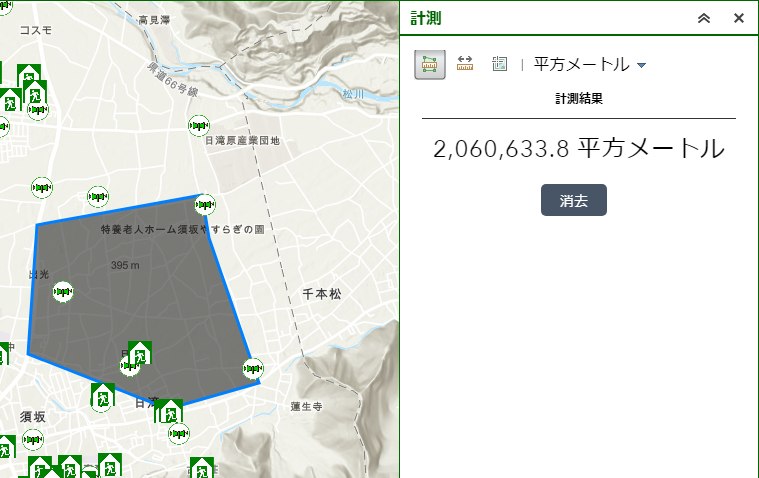 範囲指定した計測結果が表示された地図画像