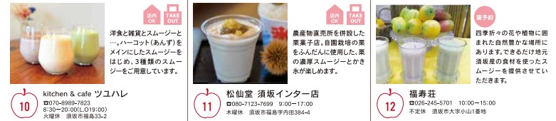 番号10.キッチン&カフェ、ツユハレ、番号11.しょうせん堂須坂インター店、番号12.ふくじゅそう、ふくじゅそうは要予約です