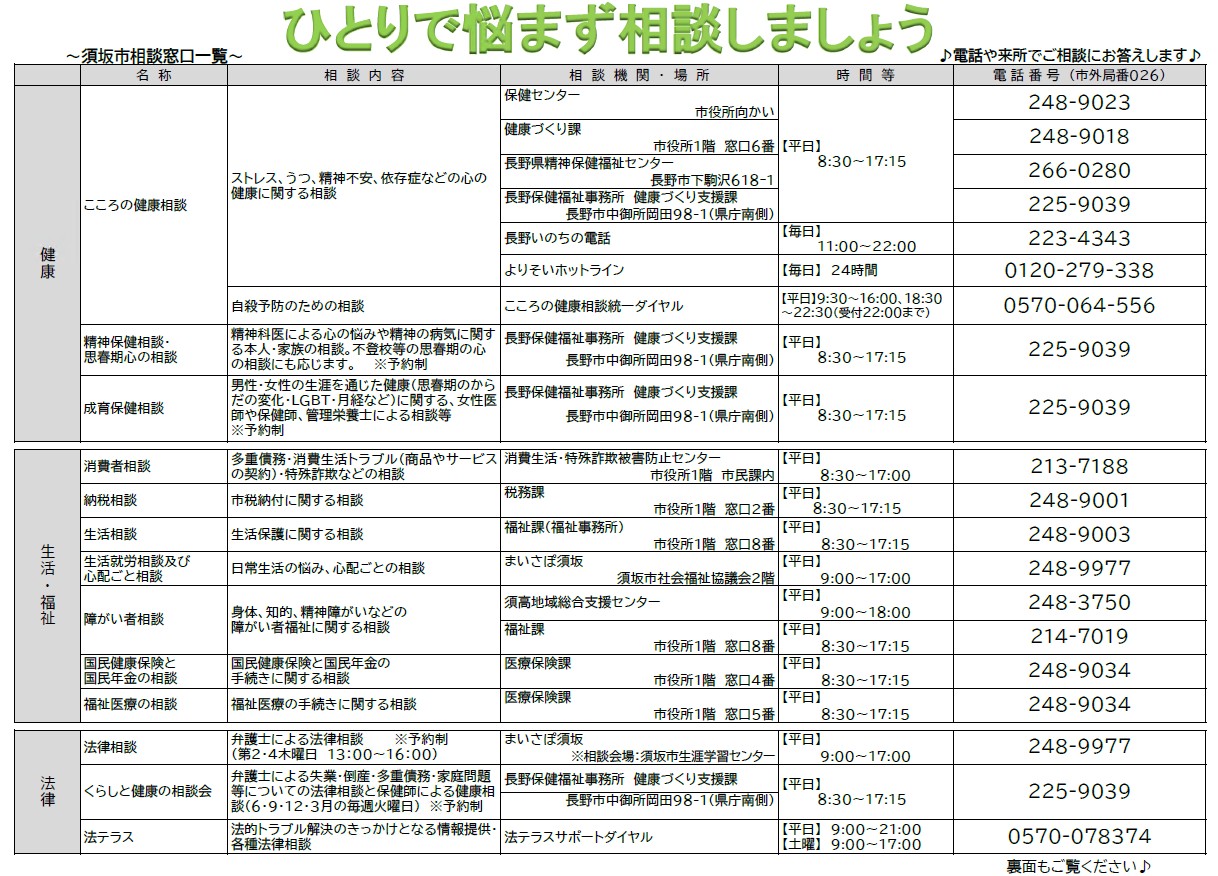 ひとりで悩まず相談しましょう~須坂市相談窓口一覧~の画像