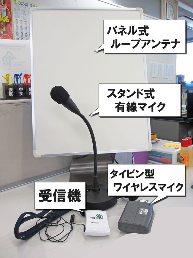 ヒアリングループの実物写真。聞く人がつける受信機、しゃべる人がつけるピンマイク、A4サイズのフォトフレームのようなアンテナ、スタンド式マイクがある。
