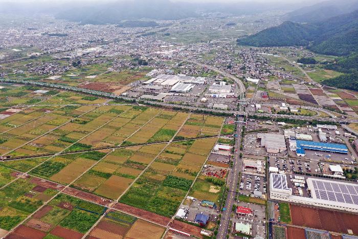 田んぼや遊休農地が広がる土地の写真