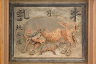 牛の乳、坂本屋と屋号が書かれ、牛と子牛が立体的に描かれている。