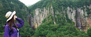 米子大瀑布の写真。二つの滝が並ぶ。