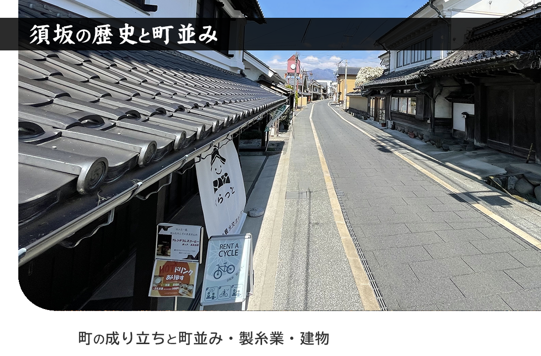 須坂を知る－須坂の歴史とまちなみのイメージ写真。町の成り立ちとまちなみ、製糸業、建物。