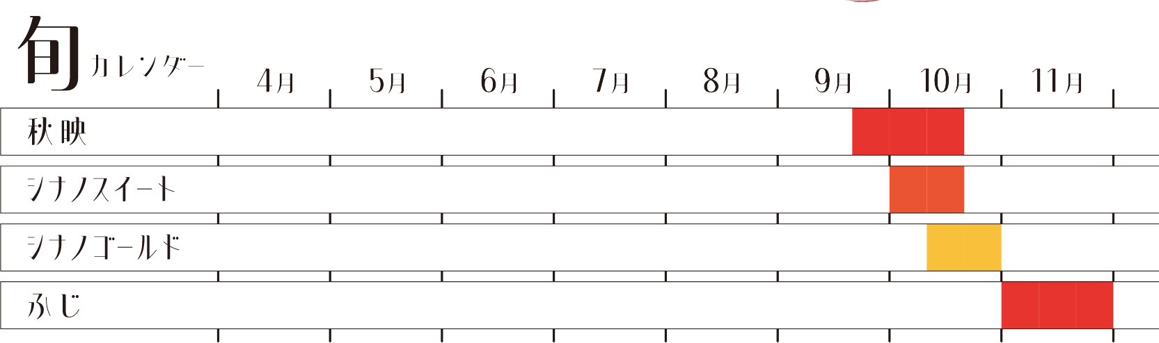 りんごの旬のカレンダー。あきばえは9月下旬から10月中旬ころまで、シナノスイートは10月から10月中旬ころまで、黄色いリンゴ「シナノゴールド」は10月中旬から10月末頃まで、ふじは10月末頃から11月末ころまで。