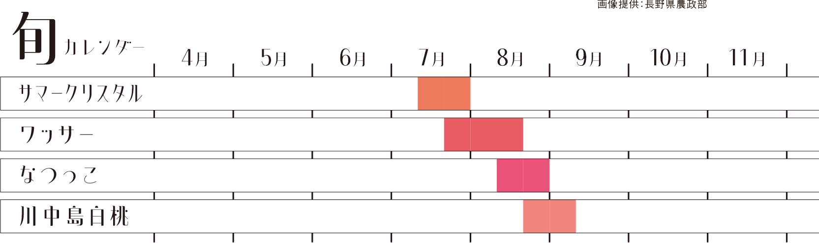 もも、ワッサーの旬のカレンダー。ネクタリンのサマークリスタルは7月中旬から7月末頃まで、ワッサーは7月下旬から8月中旬ころまで、なつっこは8月中旬から8月末頃まで、川島中はくとうは8月下旬から9月上旬ころです。